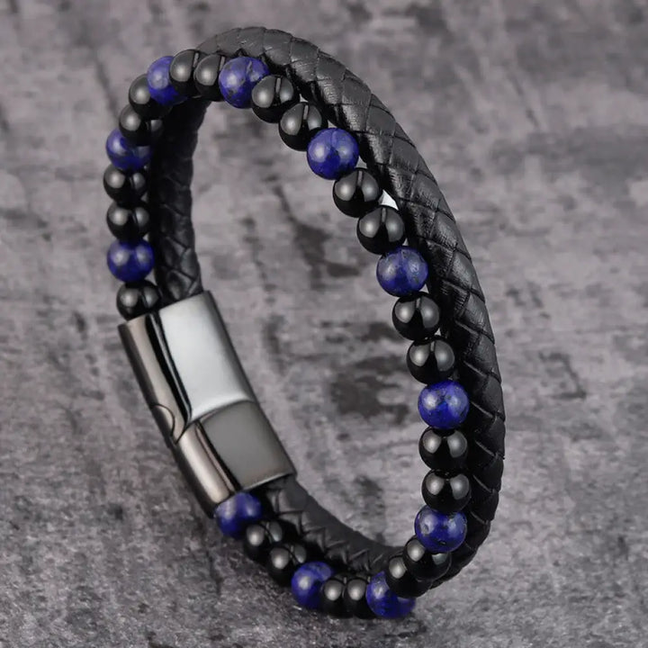 Buddha Stones Black Onyx Lazurite Lapis Lazuli Titanium Steel Positive Self Care Leather Bracelet - Black Onyx