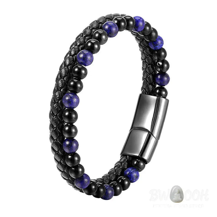 Buddha Stones Black Onyx Lazurite Lapis Lazuli Titanium Steel Positive Self Care Leather Bracelet - Black Onyx