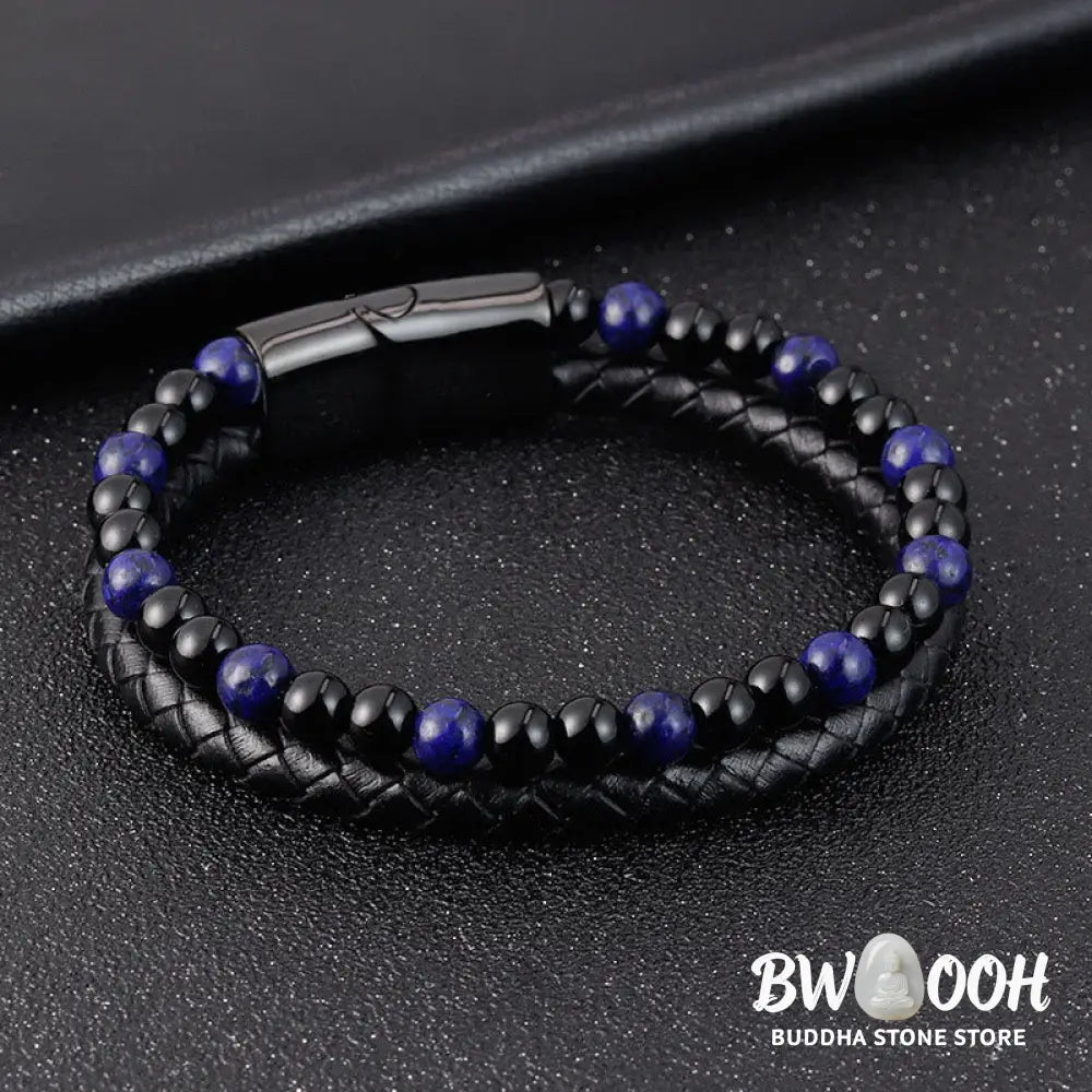 Buddha Stones Black Onyx Lazurite Lapis Lazuli Titanium Steel Positive Self Care Leather Bracelet - Black Onyx