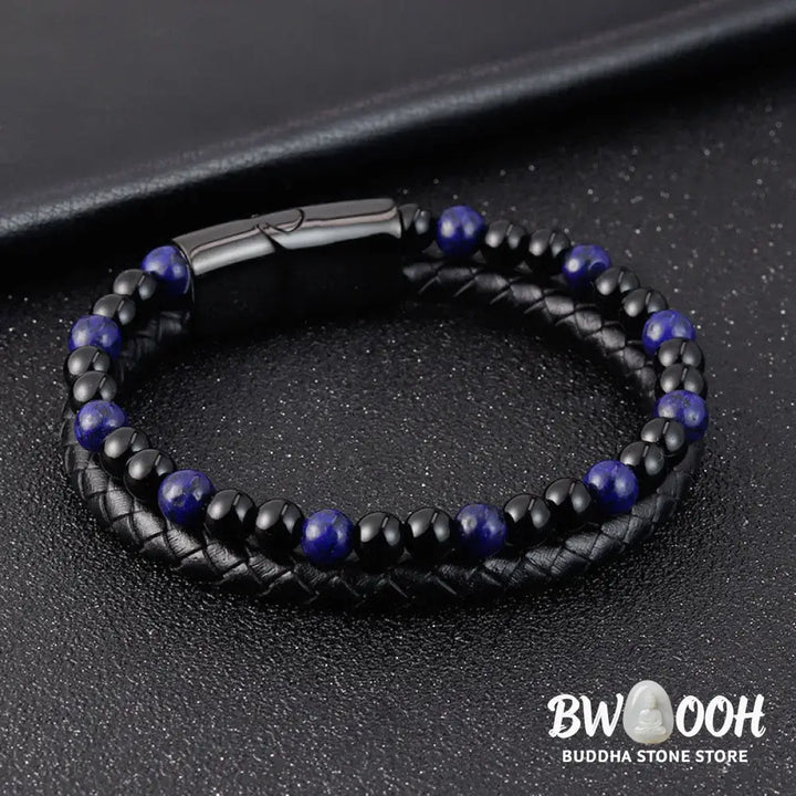 Buddha Stones Black Onyx Lazurite Lapis Lazuli Titanium Steel Positive Self Care Leather Bracelet - Black Onyx