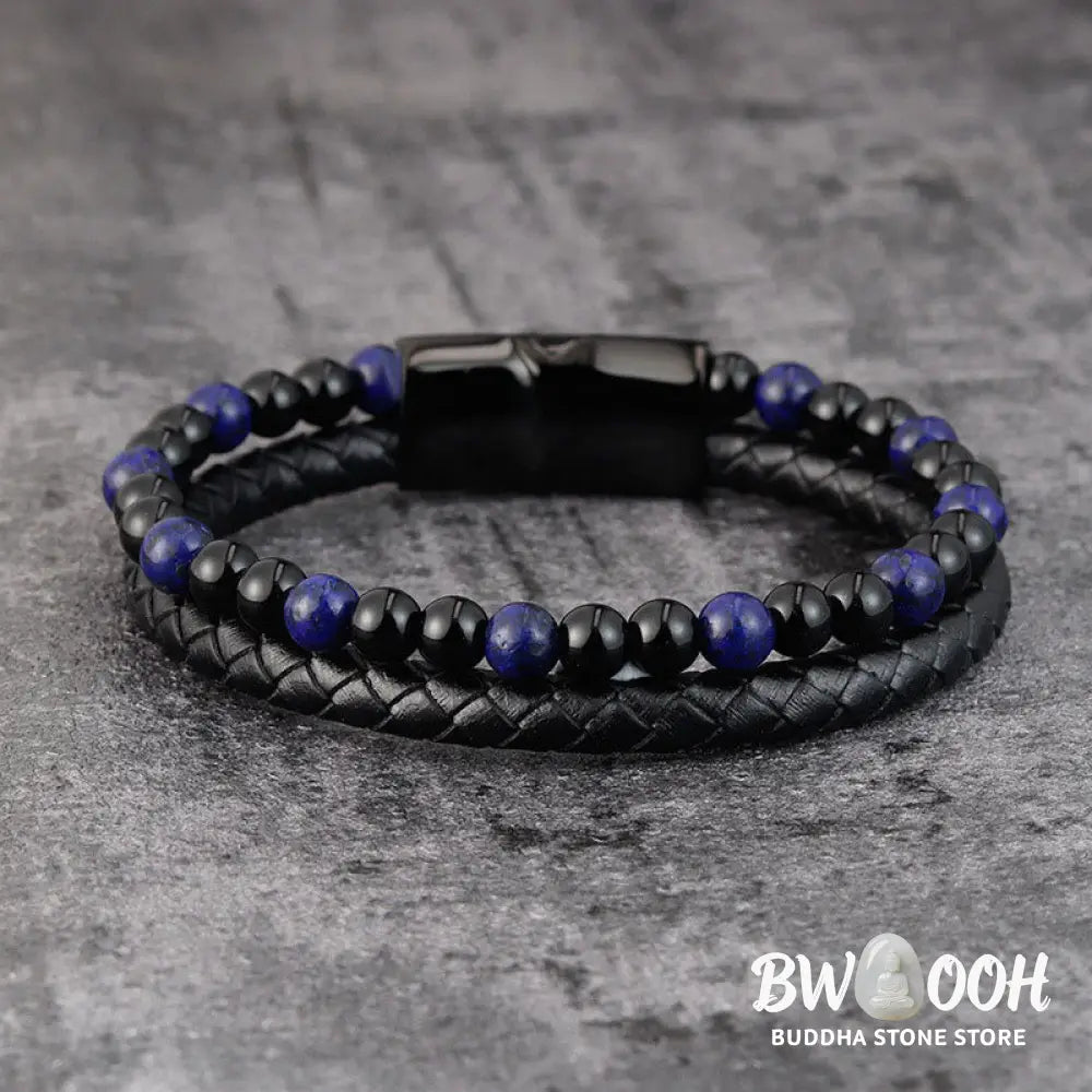 Buddha Stones Black Onyx Lazurite Lapis Lazuli Titanium Steel Positive Self Care Leather Bracelet - Black Onyx
