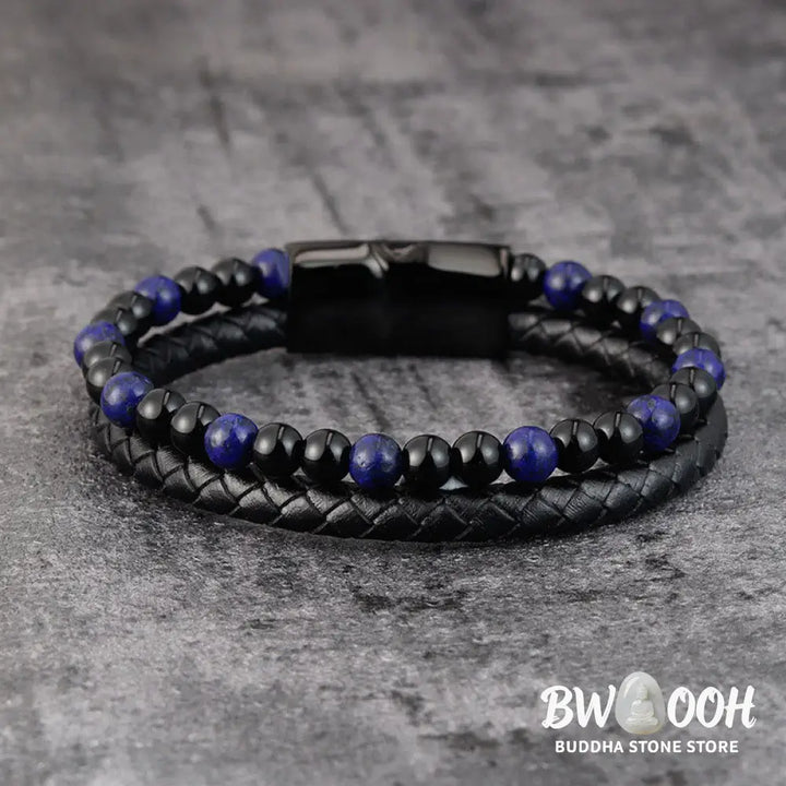 Buddha Stones Black Onyx Lazurite Lapis Lazuli Titanium Steel Positive Self Care Leather Bracelet - Black Onyx
