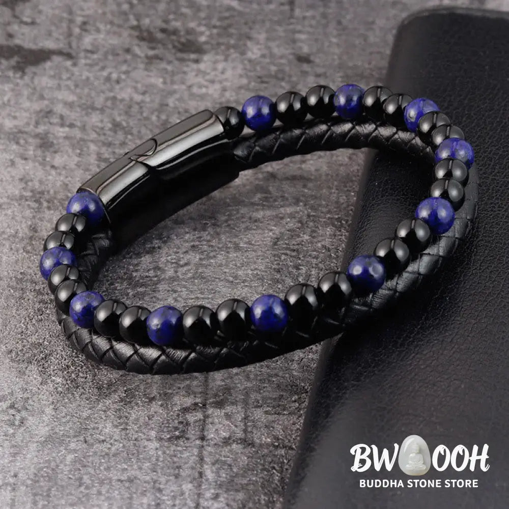 Buddha Stones Black Onyx Lazurite Lapis Lazuli Titanium Steel Positive Self Care Leather Bracelet - Black Onyx