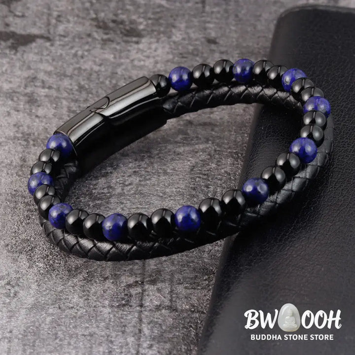 Buddha Stones Black Onyx Lazurite Lapis Lazuli Titanium Steel Positive Self Care Leather Bracelet - Black Onyx