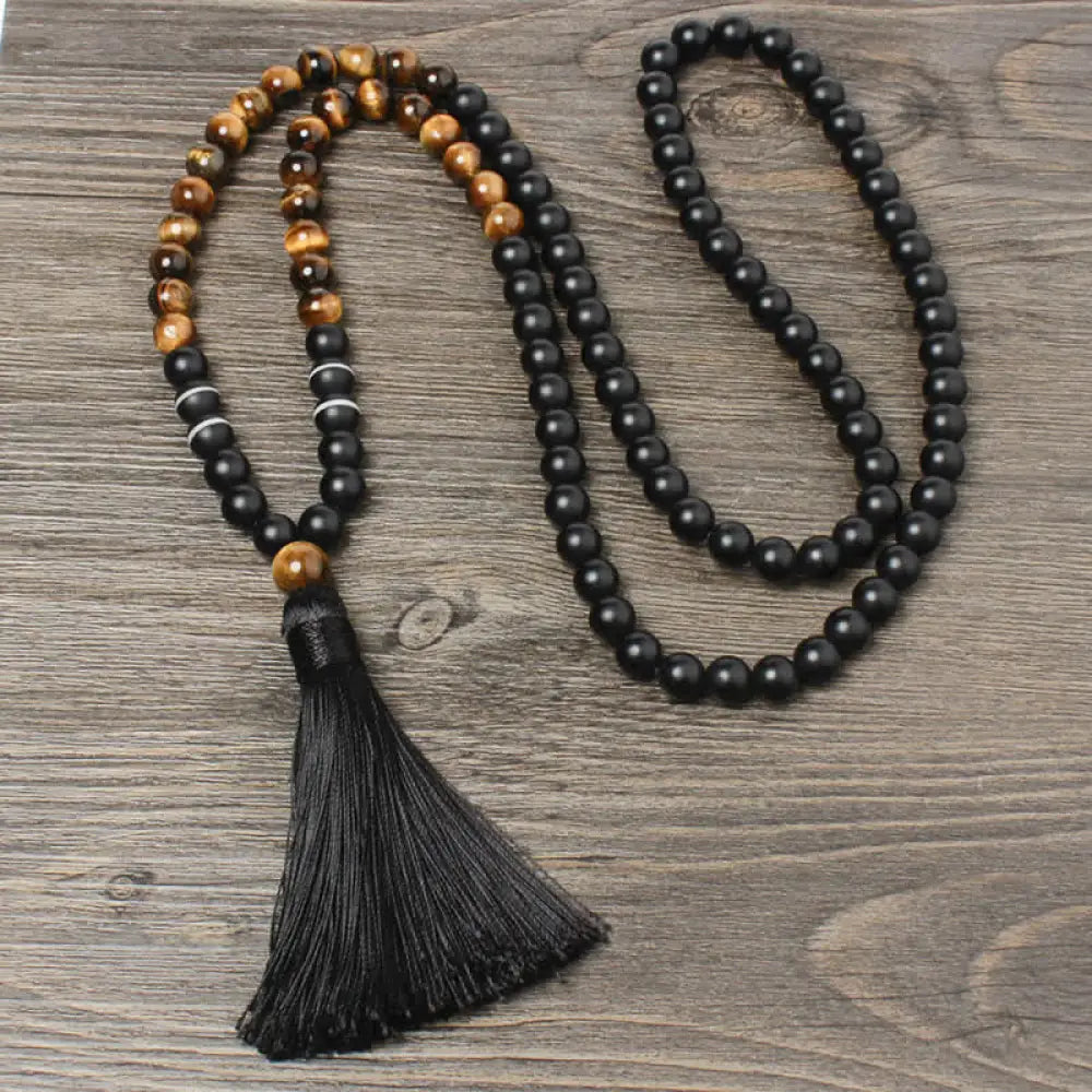 BWOOOH Black Onyx Tiger Eye 8mm Fortune Tassel Necklace — protection, courage & grounding spiritual jewelry