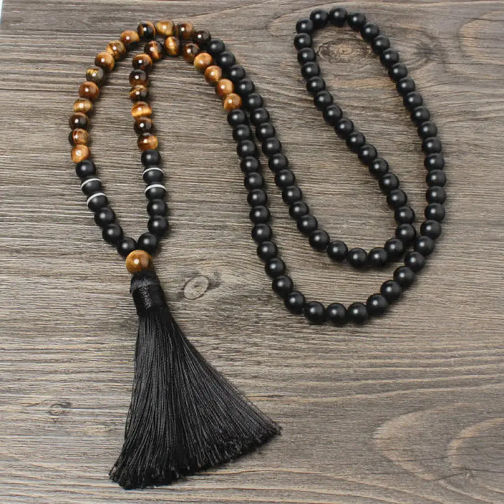 BWOOOH Black Onyx Tiger Eye 8mm Fortune Tassel Necklace — protection, courage &amp; grounding spiritual jewelry