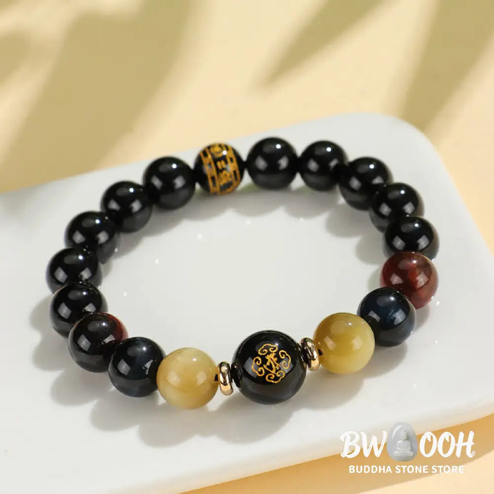 Buddha Stones Black Onyx Tiger Eye Om Mani Padme Hum Chinese Zodiac Natal Buddha Support Bracelet - BWOOOH - Bracelet