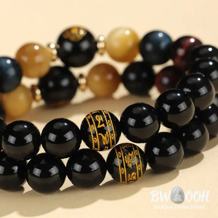 Buddha Stones Black Onyx Tiger Eye Om Mani Padme Hum Chinese Zodiac Natal Buddha Support Bracelet - BWOOOH - Bracelet