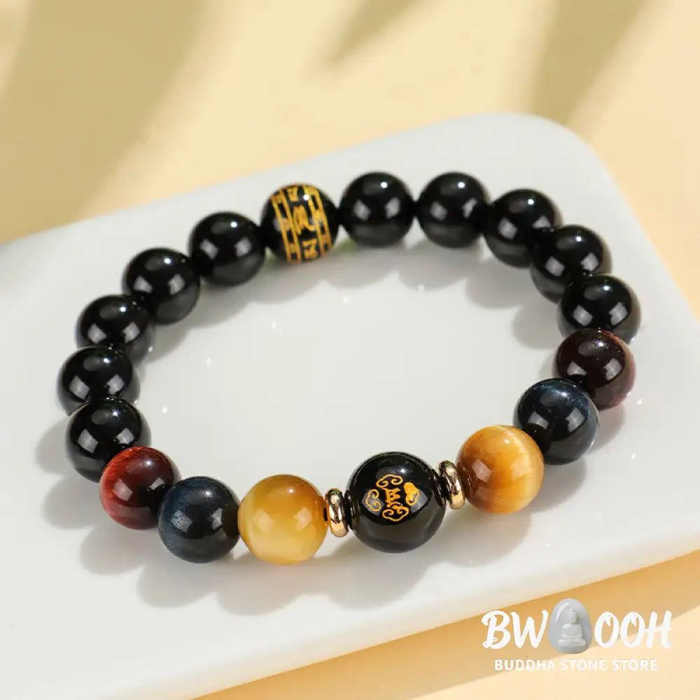 Buddha Stones Black Onyx Tiger Eye Om Mani Padme Hum Chinese Zodiac Natal Buddha Support Bracelet - BWOOOH - Bracelet
