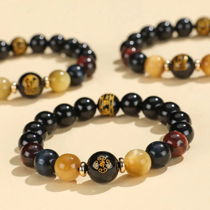 BWOOOH Black Onyx Tiger Eye Om Mani Padme Hum Chinese Zodiac Natal Buddha Support Bracelet - BWOOOH - Bracelet