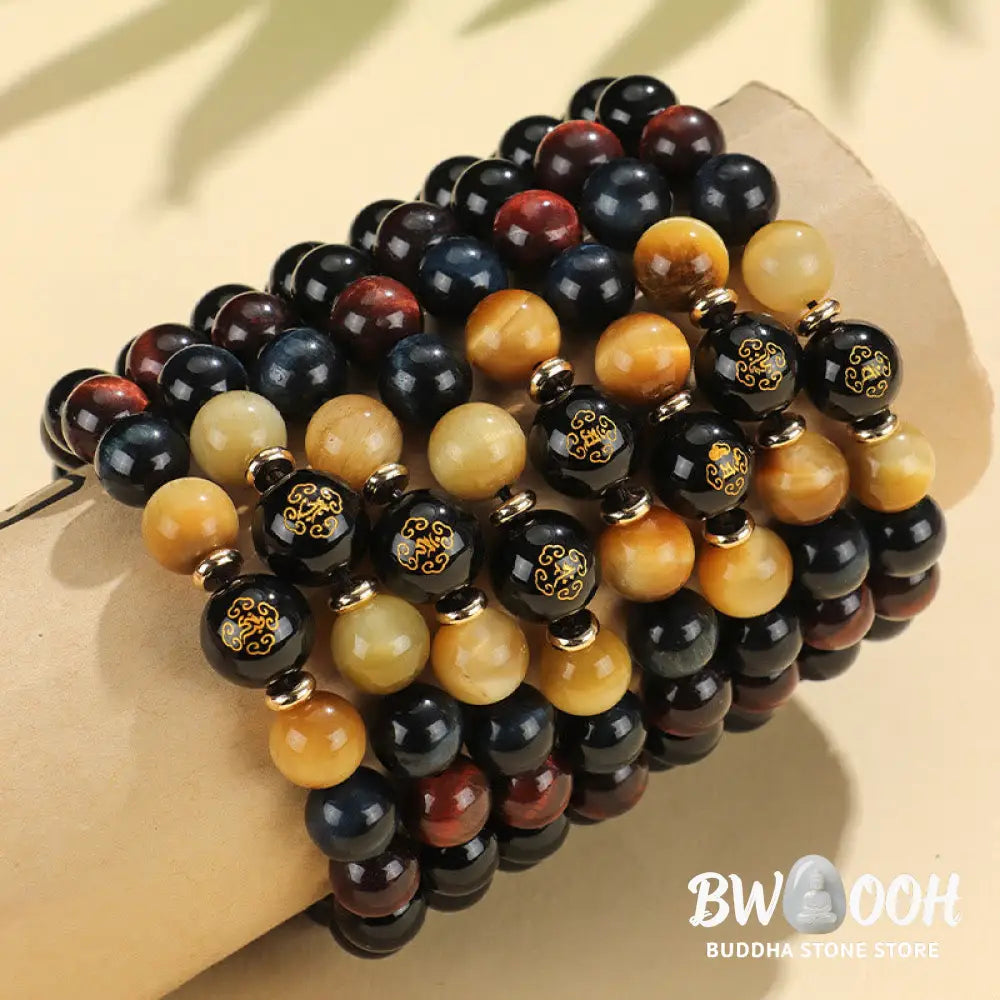 Buddha Stones Black Onyx Tiger Eye Om Mani Padme Hum Chinese Zodiac Natal Buddha Support Bracelet - BWOOOH - Bracelet