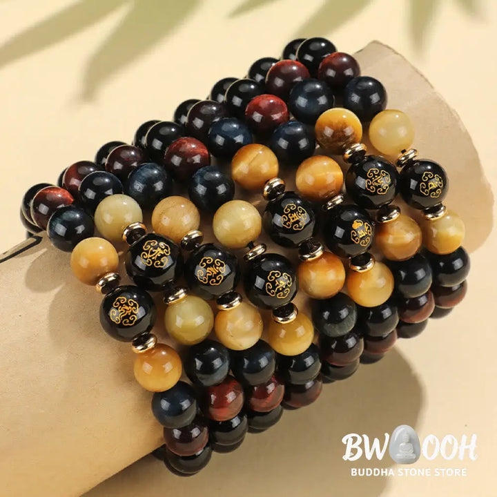 Buddha Stones Black Onyx Tiger Eye Om Mani Padme Hum Chinese Zodiac Natal Buddha Support Bracelet - BWOOOH - Bracelet