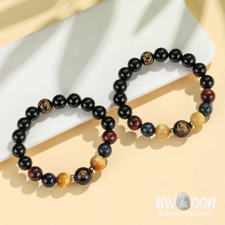 Buddha Stones Black Onyx Tiger Eye Om Mani Padme Hum Chinese Zodiac Natal Buddha Support Bracelet - BWOOOH - Bracelet