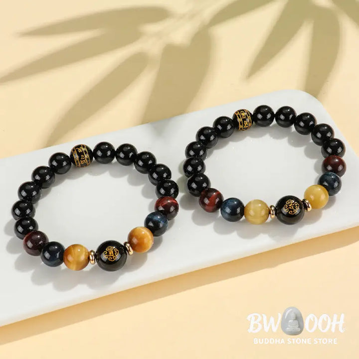 Buddha Stones Black Onyx Tiger Eye Om Mani Padme Hum Chinese Zodiac Natal Buddha Support Bracelet - BWOOOH - Bracelet