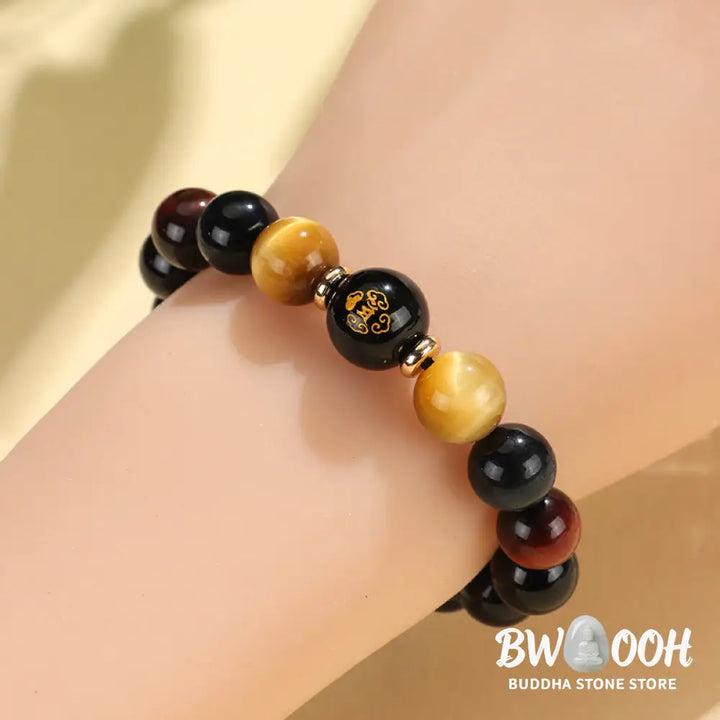 Buddha Stones Black Onyx Tiger Eye Om Mani Padme Hum Chinese Zodiac Natal Buddha Support Bracelet - BWOOOH - Bracelet