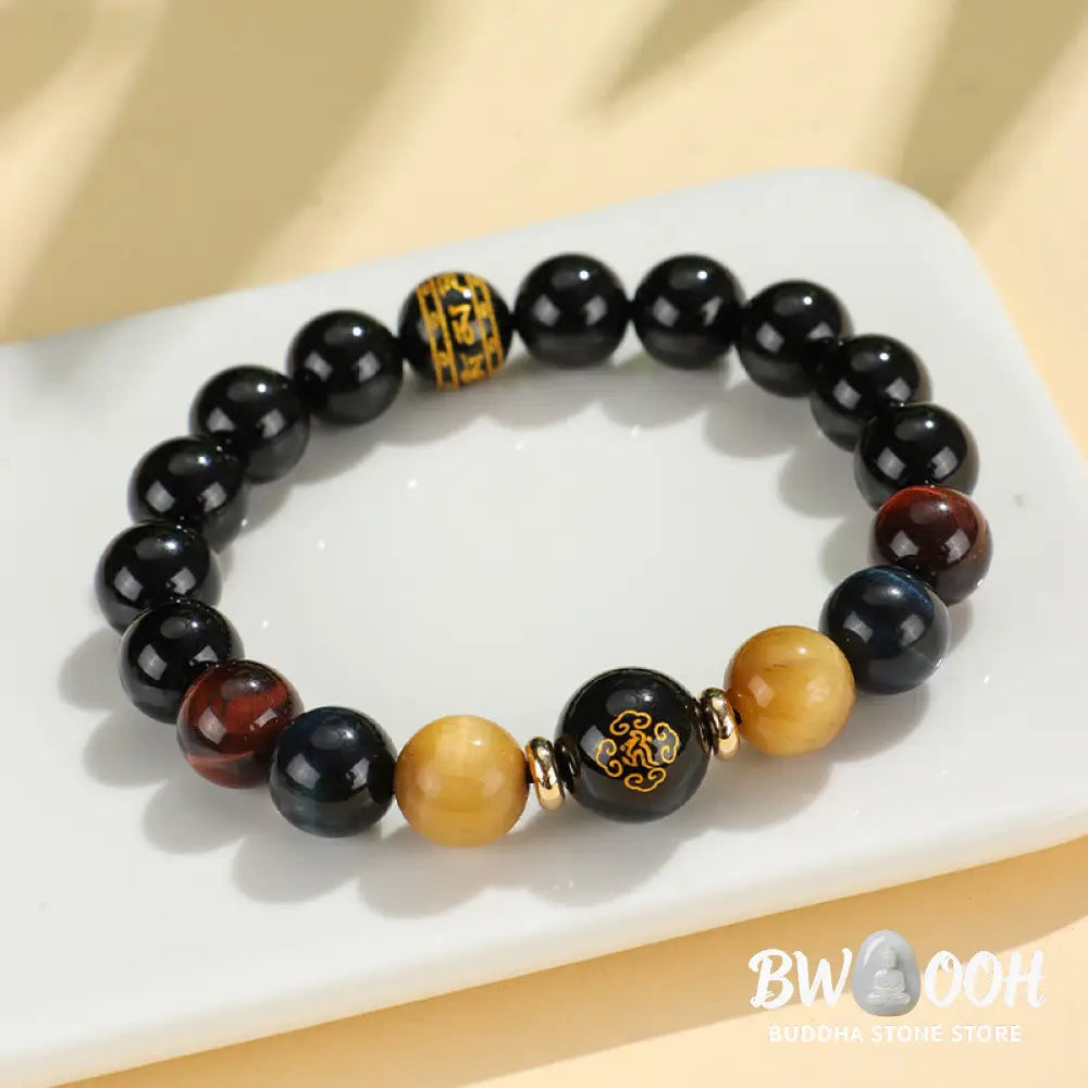 Buddha Stones Black Onyx Tiger Eye Om Mani Padme Hum Chinese Zodiac Natal Buddha Support Bracelet - BWOOOH - Bracelet