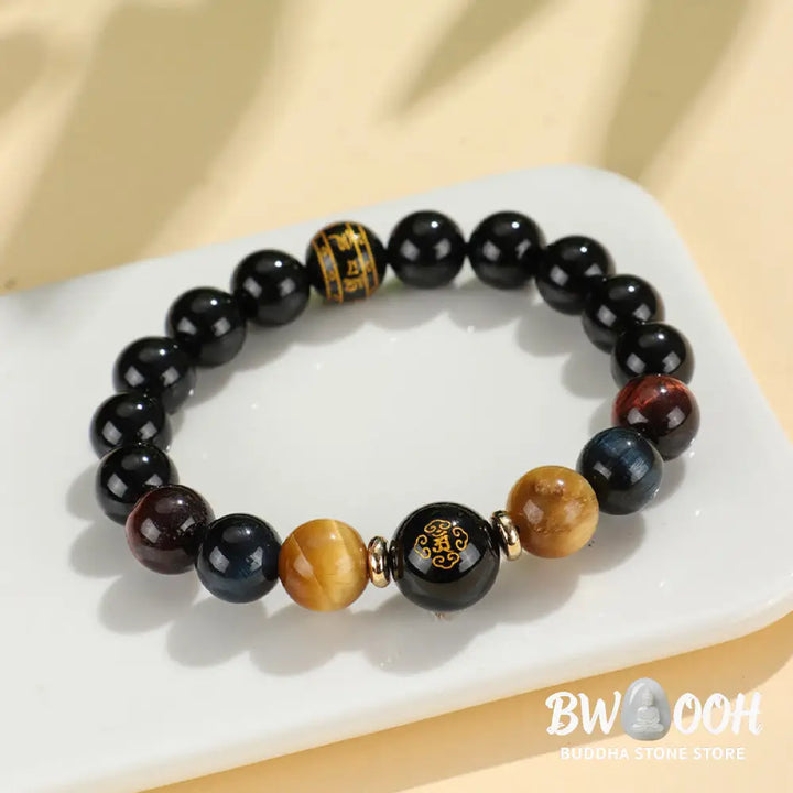 Buddha Stones Black Onyx Tiger Eye Om Mani Padme Hum Chinese Zodiac Natal Buddha Support Bracelet - BWOOOH - Bracelet