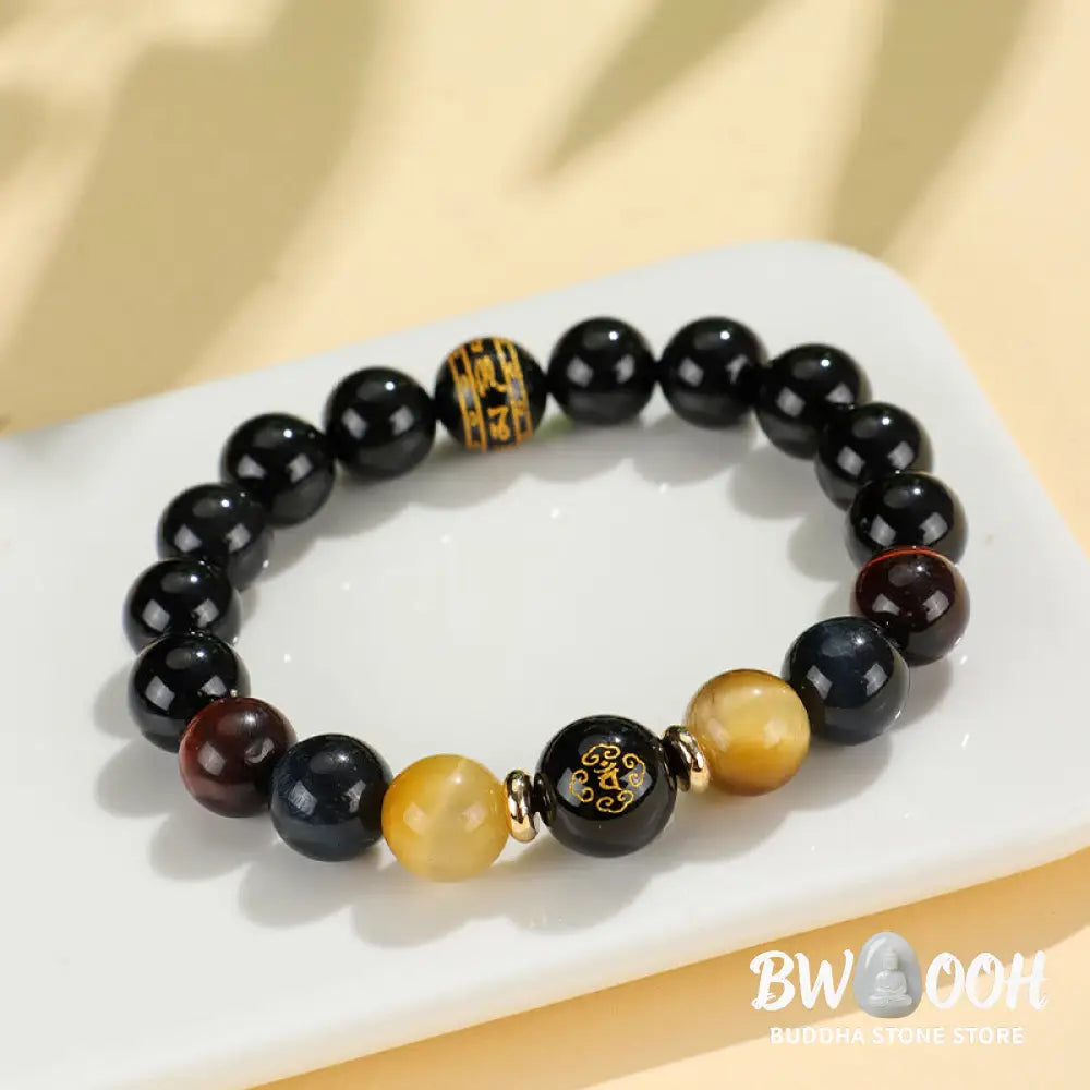 Buddha Stones Black Onyx Tiger Eye Om Mani Padme Hum Chinese Zodiac Natal Buddha Support Bracelet - BWOOOH - Bracelet