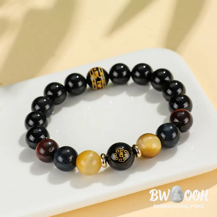 Buddha Stones Black Onyx Tiger Eye Om Mani Padme Hum Chinese Zodiac Natal Buddha Support Bracelet - BWOOOH - Bracelet