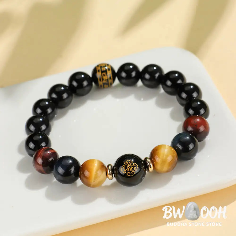 Buddha Stones Black Onyx Tiger Eye Om Mani Padme Hum Chinese Zodiac Natal Buddha Support Bracelet - BWOOOH - Bracelet