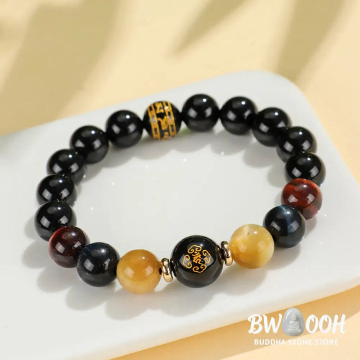 Buddha Stones Black Onyx Tiger Eye Om Mani Padme Hum Chinese Zodiac Natal Buddha Support Bracelet - BWOOOH - Bracelet