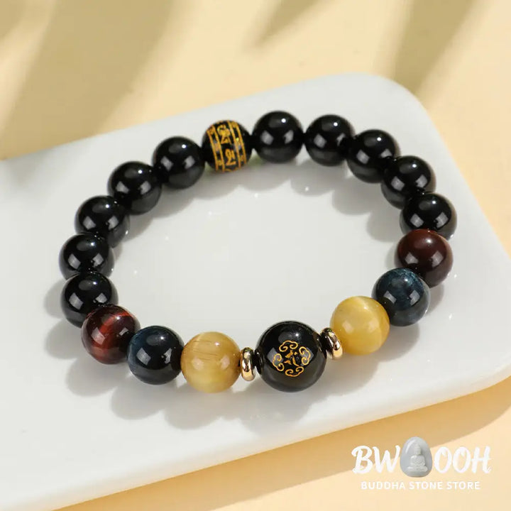 Buddha Stones Black Onyx Tiger Eye Om Mani Padme Hum Chinese Zodiac Natal Buddha Support Bracelet - BWOOOH - Bracelet