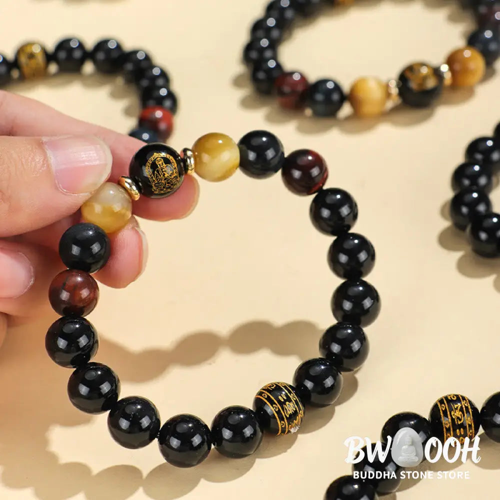 Buddha Stones Black Onyx Tiger Eye Om Mani Padme Hum Chinese Zodiac Natal Buddha Support Bracelet - BWOOOH - Bracelet