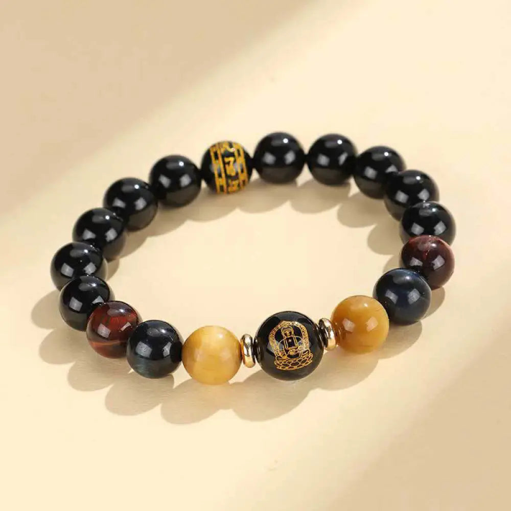 Buddha Stones Black Onyx Tiger Eye Om Mani Padme Hum Chinese Zodiac Natal Buddha Support Bracelet - BWOOOH