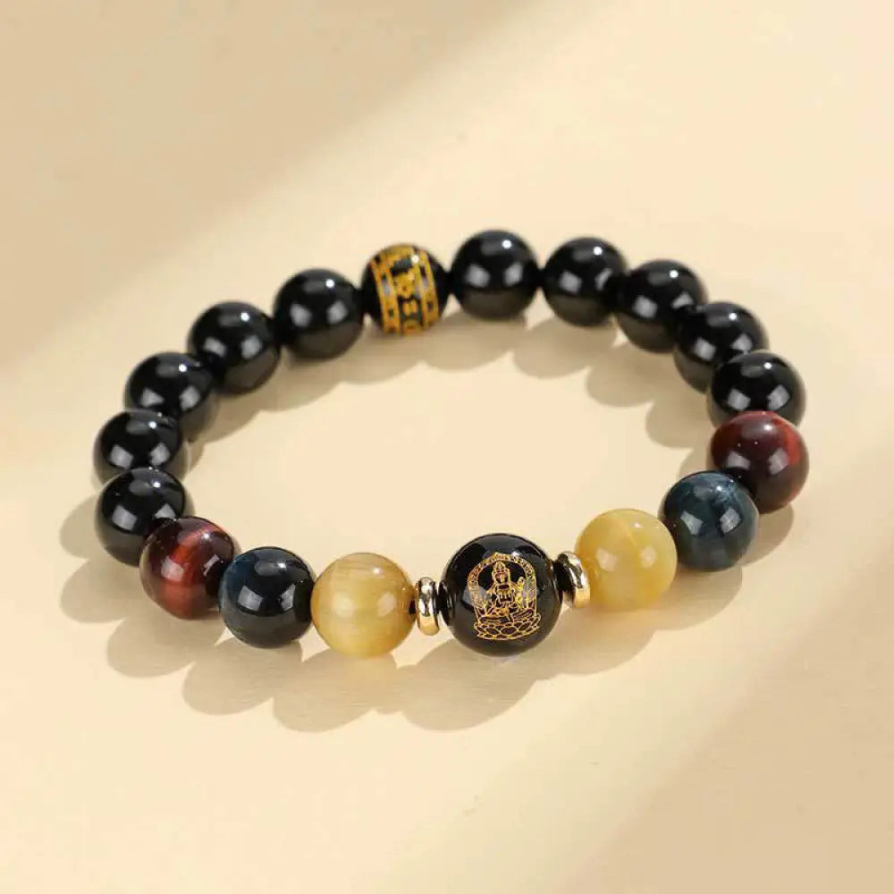 Buddha Stones Black Onyx Tiger Eye Om Mani Padme Hum Chinese Zodiac Natal Buddha Support Bracelet - BWOOOH