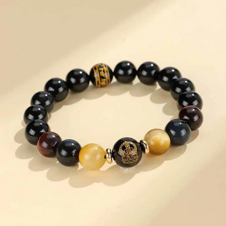Buddha Stones Black Onyx Tiger Eye Om Mani Padme Hum Chinese Zodiac Natal Buddha Support Bracelet - BWOOOH