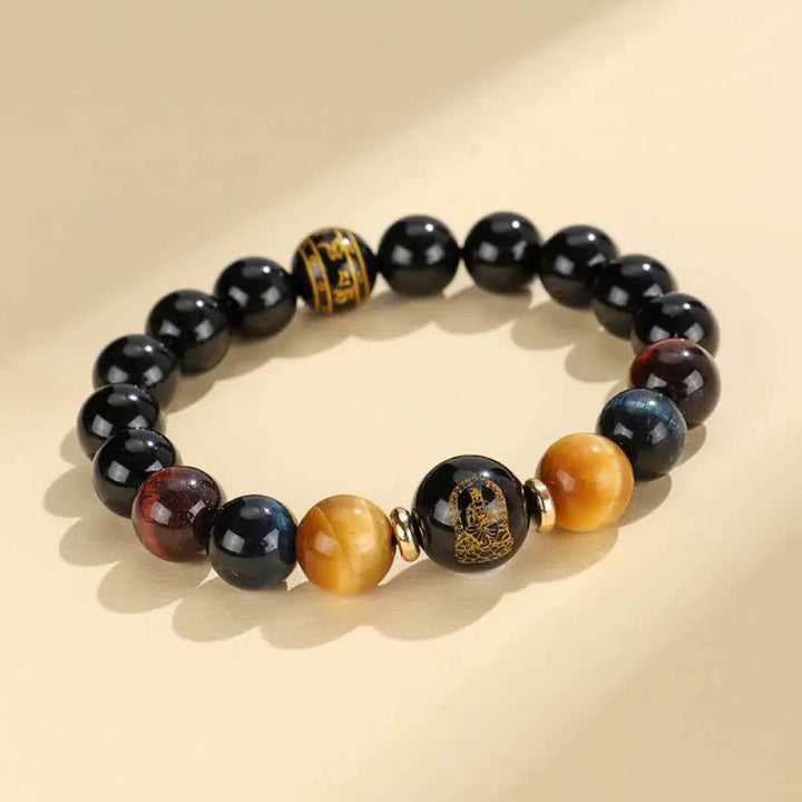 Buddha Stones Black Onyx Tiger Eye Om Mani Padme Hum Chinese Zodiac Natal Buddha Support Bracelet - BWOOOH