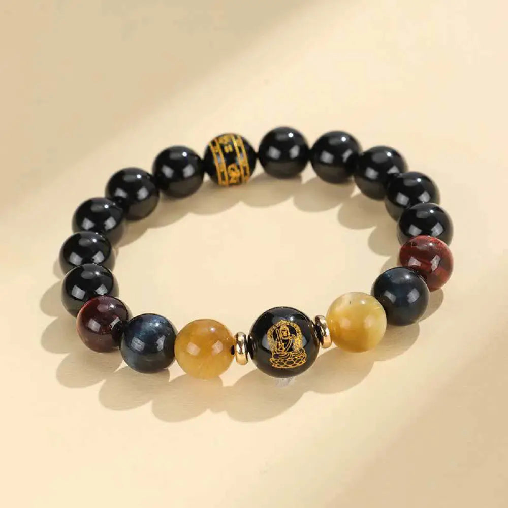 Buddha Stones Black Onyx Tiger Eye Om Mani Padme Hum Chinese Zodiac Natal Buddha Support Bracelet - BWOOOH