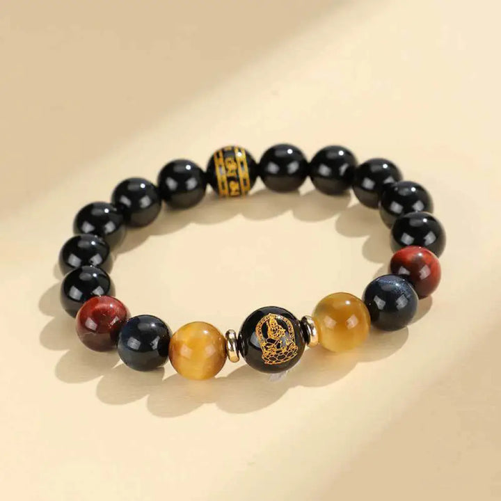 Buddha Stones Black Onyx Tiger Eye Om Mani Padme Hum Chinese Zodiac Natal Buddha Support Bracelet - BWOOOH