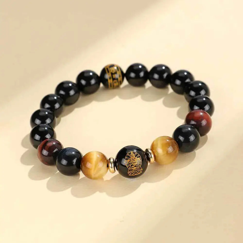 Buddha Stones Black Onyx Tiger Eye Om Mani Padme Hum Chinese Zodiac Natal Buddha Support Bracelet - BWOOOH