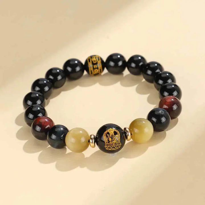 Buddha Stones Black Onyx Tiger Eye Om Mani Padme Hum Chinese Zodiac Natal Buddha Support Bracelet - BWOOOH