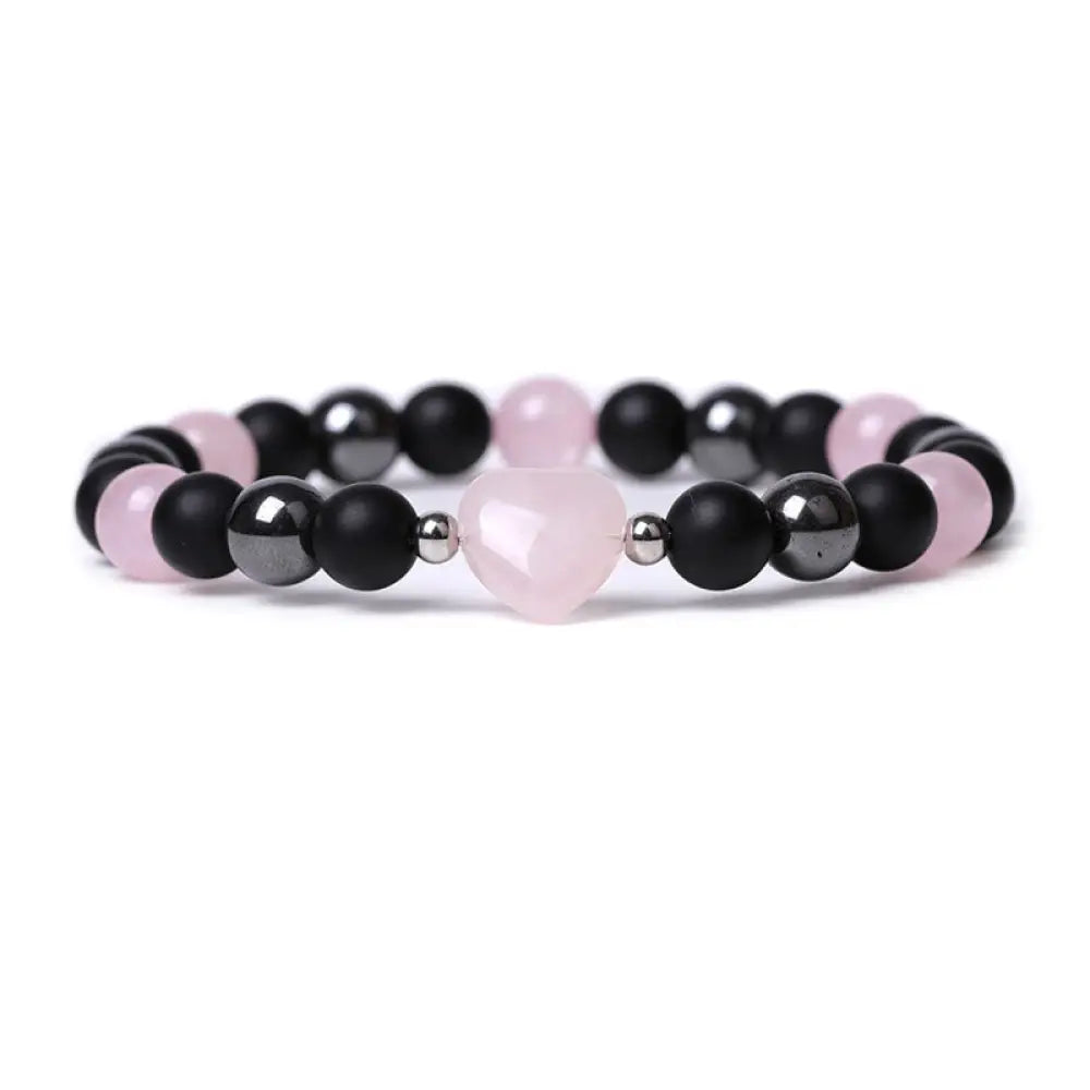 Buddha Stones Black Onyx Tiger Eye Stone Crystal Love Heart Protection Bracelet - BWOOOH - Black Onyx&amp;Pink Crystal