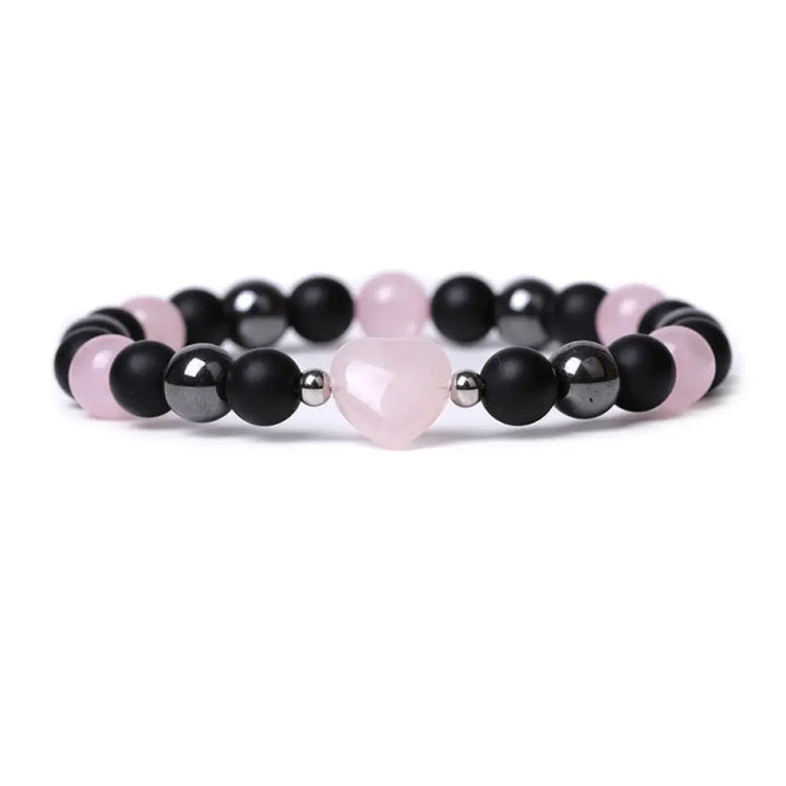 Buddha Stones Black Onyx Tiger Eye Stone Crystal Love Heart Protection Bracelet - BWOOOH - Black Onyx&amp;Pink Crystal