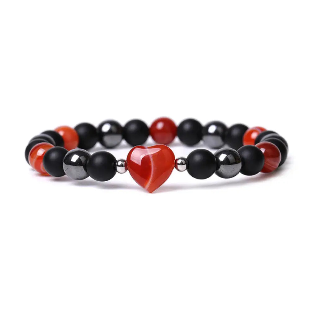 Buddha Stones Black Onyx Tiger Eye Stone Crystal Love Heart Protection Bracelet - BWOOOH - Black Onyx&amp;Red Agate