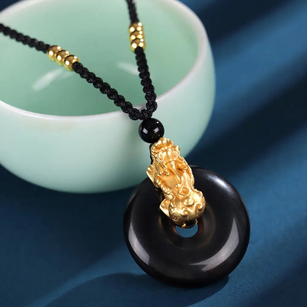 Buddha Stones Black Onyx White Agate Peace Buckle 999 Sterling Silver Gold PiXiu Fortune Necklace Pendant - BWOOOH