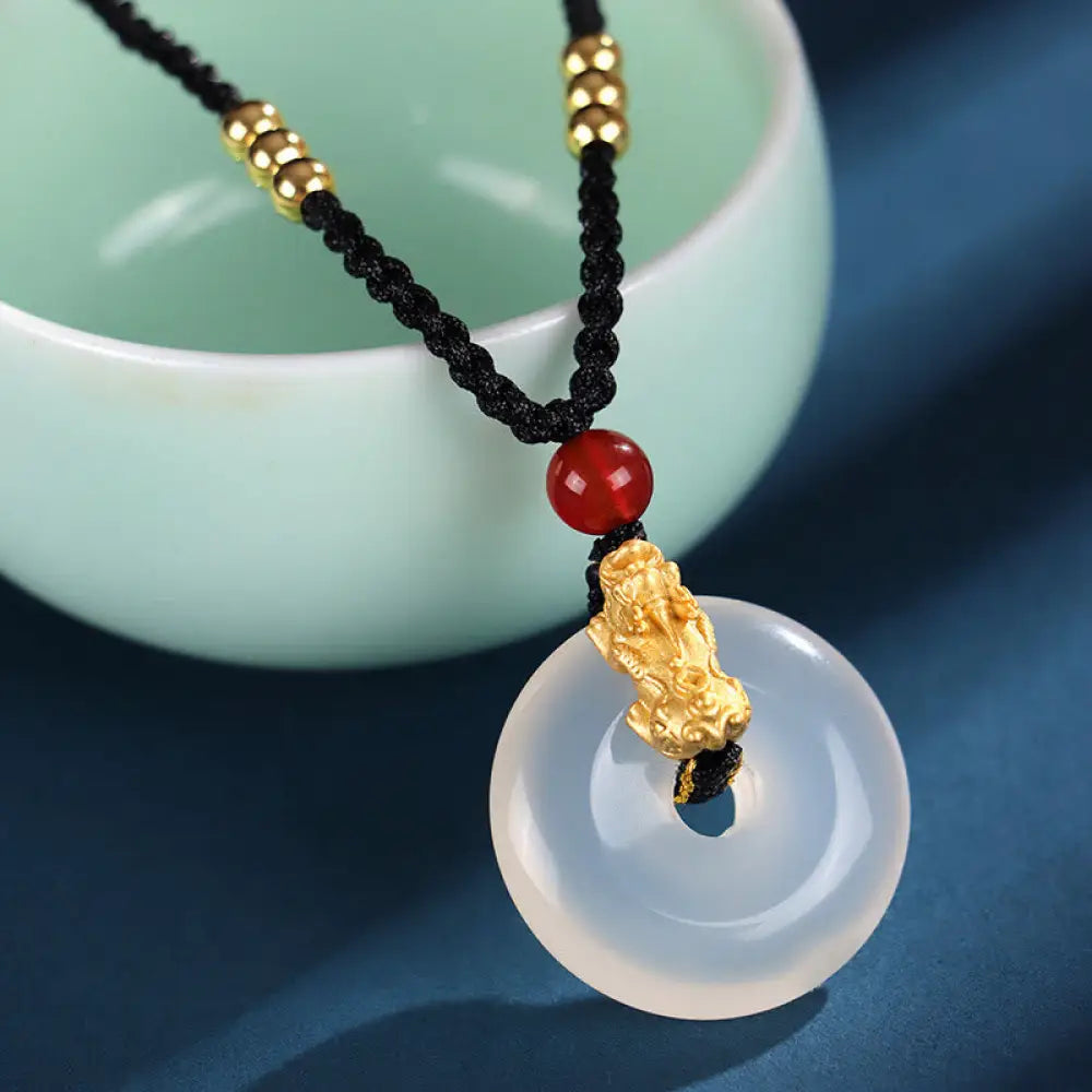Buddha Stones Black Onyx White Agate Peace Buckle 999 Sterling Silver Gold PiXiu Fortune Necklace Pendant - BWOOOH