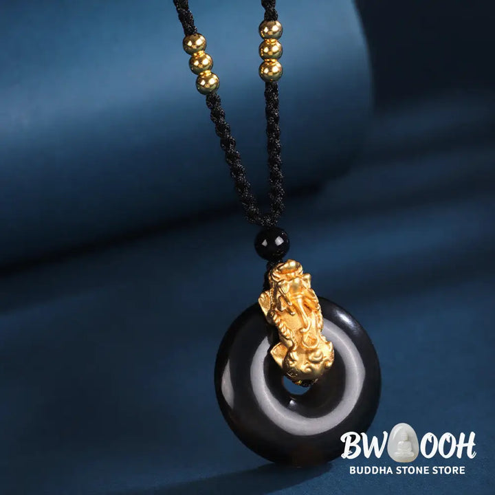 Buddha Stones Black Onyx White Agate Peace Buckle 999 Sterling Silver Gold PiXiu Fortune Necklace Pendant - BWOOOH