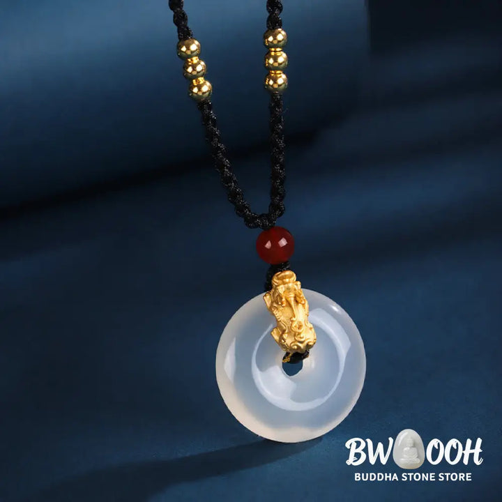 Buddha Stones Black Onyx White Agate Peace Buckle 999 Sterling Silver Gold PiXiu Fortune Necklace Pendant - BWOOOH