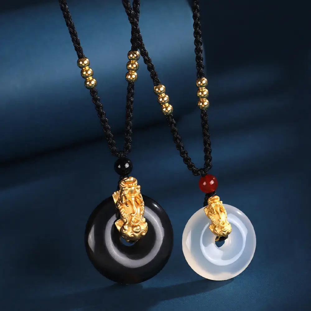 Buddha Stones Black Onyx White Agate Peace Buckle 999 Sterling Silver Gold PiXiu Fortune Necklace Pendant - BWOOOH
