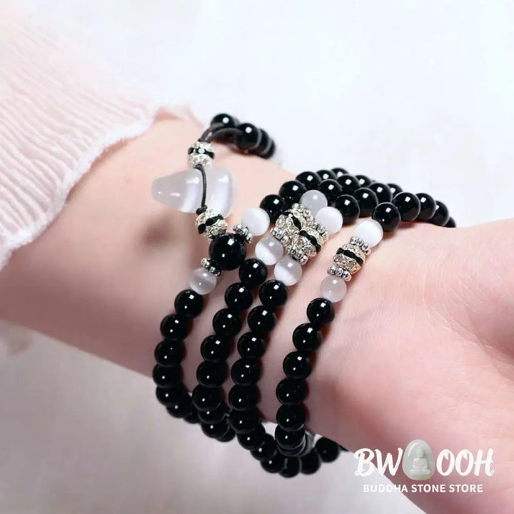 BWOOOH Black Onyx White Crystal Bead Meditation Bracelet - Black Onyx - Bracelet