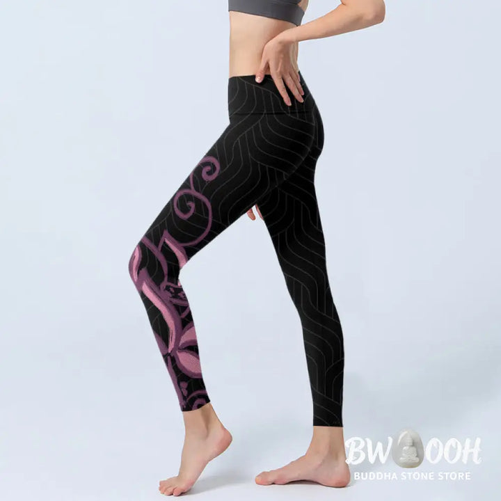 BWOOOH lotus print yoga leggings - Black Pink Lotus Flower Print Gym Leggin
