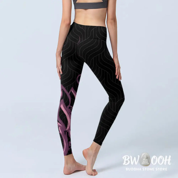 BWOOOH lotus print yoga leggings - Black Pink Lotus Flower Print Gym Leggin