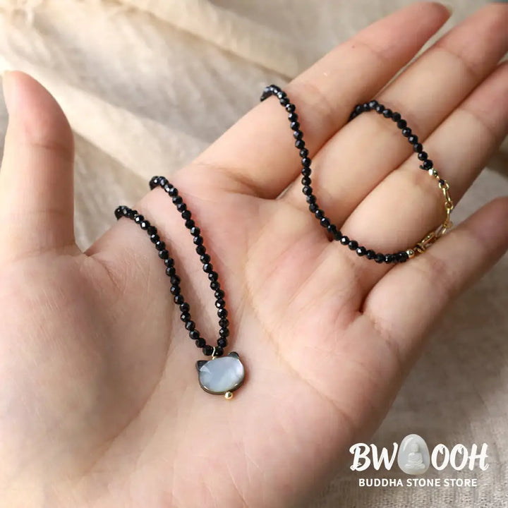 Buddha Stones Black Spinel Cute Cat Motivate Choker Necklace - BWOOOH - Black Spinel Cat Necklace(Necklace Length: