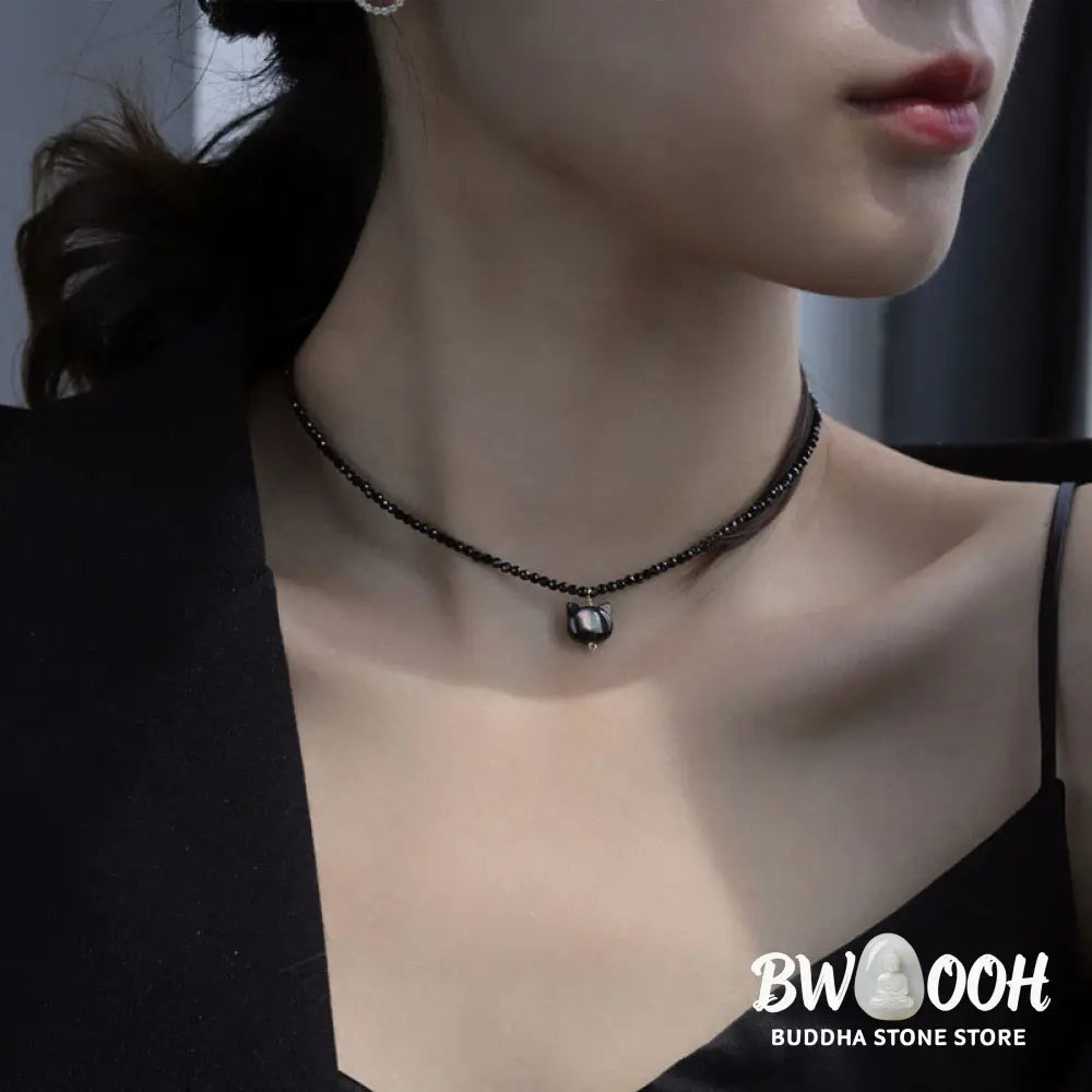 Buddha Stones Black Spinel Cute Cat Motivate Choker Necklace - BWOOOH - Black Spinel Cat Necklace(Necklace Length: