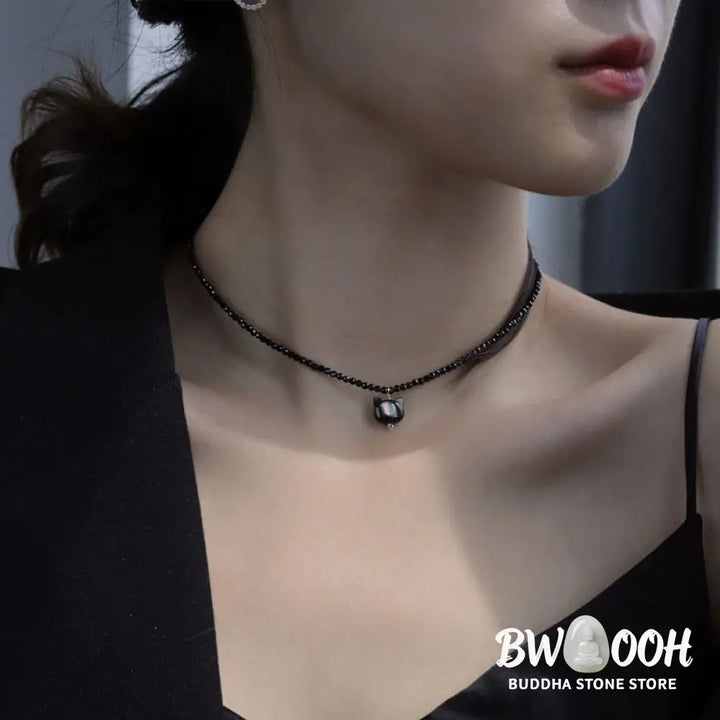 Buddha Stones Black Spinel Cute Cat Motivate Choker Necklace - BWOOOH - Black Spinel Cat Necklace(Necklace Length:
