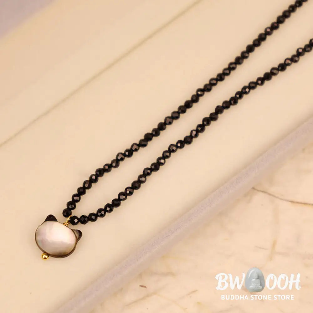 Buddha Stones Black Spinel Cute Cat Motivate Choker Necklace - BWOOOH - Black Spinel Cat Necklace(Necklace Length: